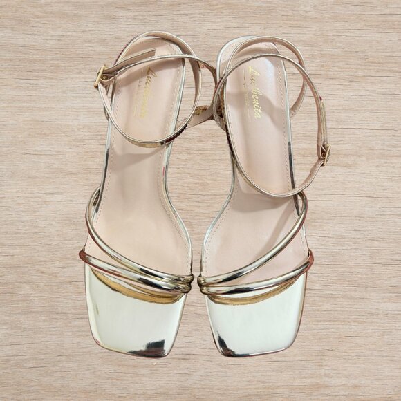 NEW Gold Heeled Sandals Chunky Block Strappy Square Open Toe Ankle Buckle Sz 9 - Picture 3 of 6